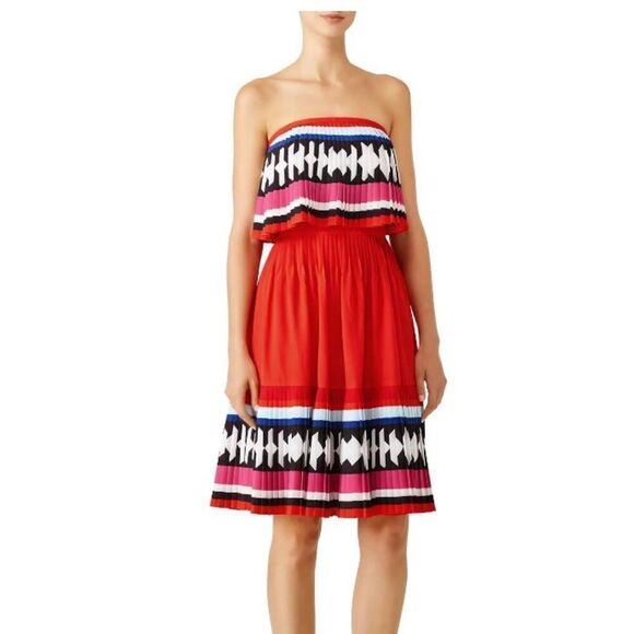 Kate Spade Geo Border Strapless Pleated Mini Dress Red Size 0 - Picture 1 of 13